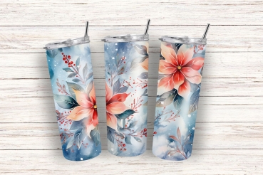 Drei Thermobecher mit einem eleganten Weihnachtsstern-Design in Rot- und Blautönen, stilvoll nebeneinander auf einem weißen Holzuntergrund präsentiert. Perfekt für festliche Anlässe und unterwegs.